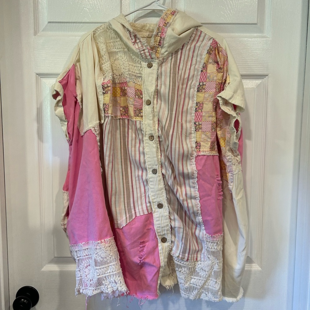 Boho Patchwork Hooded Button-Up Jacket in Pink & Cream
